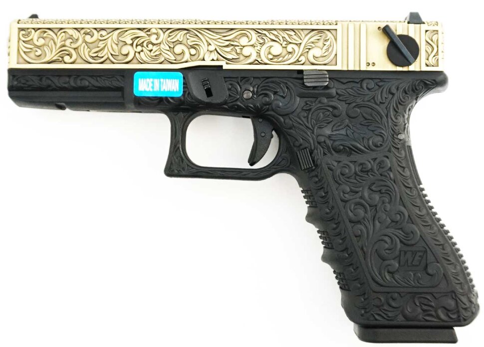 126 ПИСТОЛЕТ ПНЕВМ. WE GLOCK-18 gen3, авт, металл слайд, под бронзу с гравировкой , WE-G002BOX-FP — изображение 1