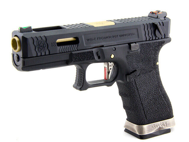 129 ПИСТОЛЕТ ПНЕВМ. WE GLOCK-18 G-Force, авт, металл слайд, черная рамка, черный слайд, золоченый ствол WE-G002WET-1 — изображение 1