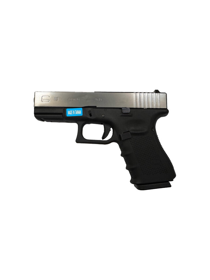 148 ПИСТОЛЕТ ПНЕВМ. WE GLOCK-19 gen4, металл слайд, сменные накладки, хромированный WE-G003B-SV — изображение 1